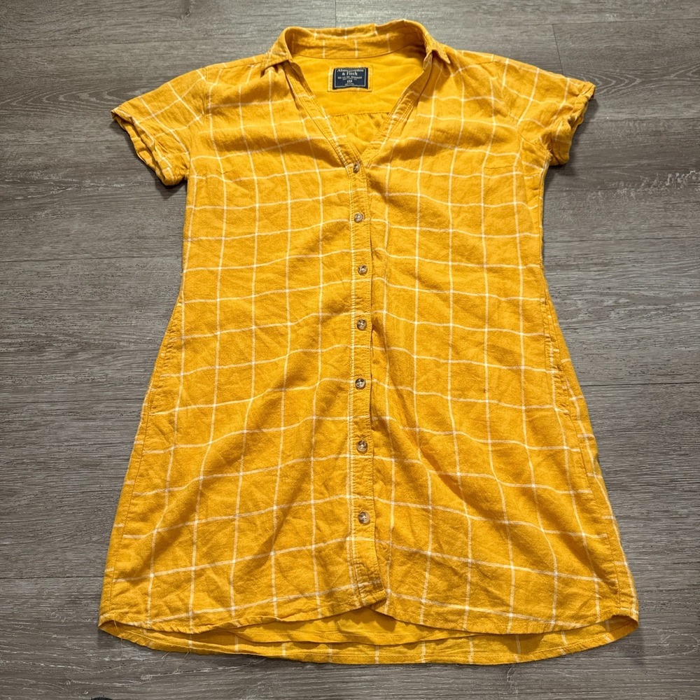 Abercrombie & Fitch Shirt Women XSP Yellow Linen Blend Plaid Summer Preppy Dress